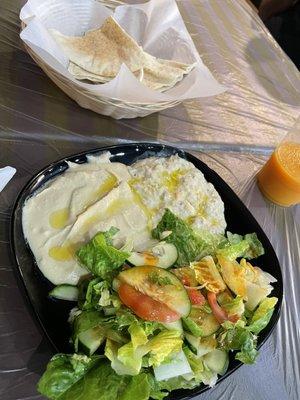 Mediterranean plate: hummus, baba ganoush and salad