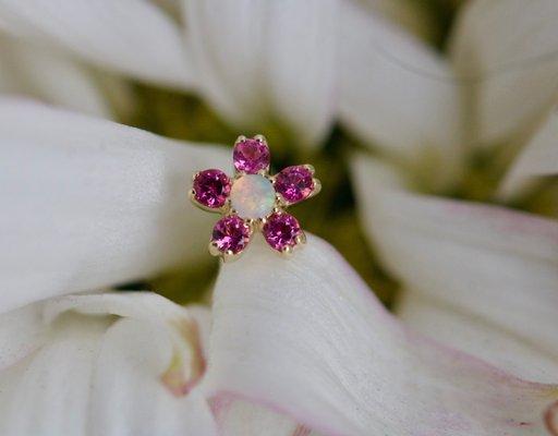 Cherry Blossom with Pink Tourmaline AA and White Opal AAA, October's Birthstones. Visit JuLhead.com/shop