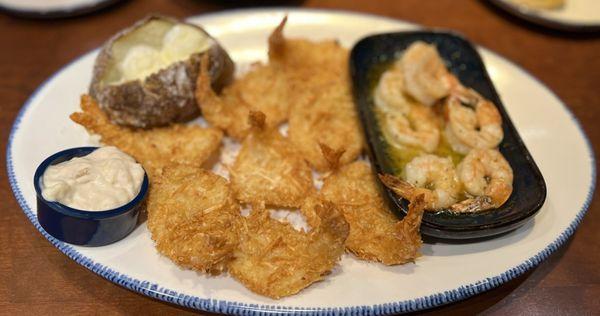 Choose three shrimp. Two orders of Parrot Isle Jumbo Coconut Shrimp, one of Garlic Shrimp Scampi. Baked potato side.