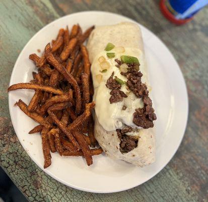 Philly Steak Wrap and Sweet Potato Fries