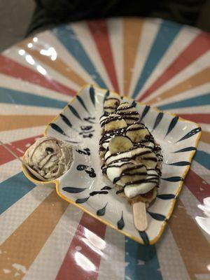 Mini scoop of horchata and cookie dough with the banana cream and fudge drizzle croffle