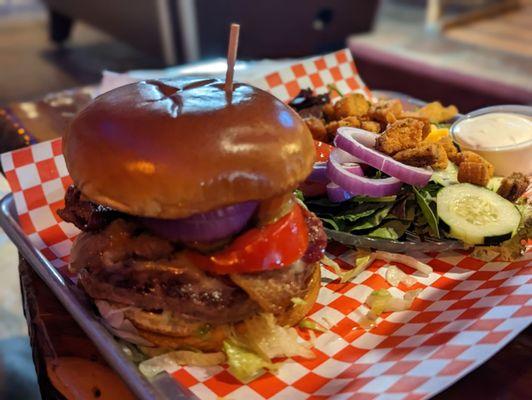 Bacon cheeseburger with pepper Jack and extra pickles. Side salad with homemade blue cheese dressing, 05/19/2023