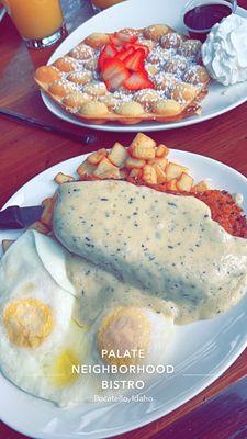 Breakfast pork schnitzel $14 and classic bubble waffle $8 both were delicious