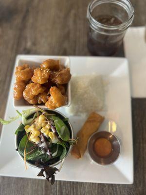 Lunch special: Orange chicken, Jazmine rice, salad, sting roll.