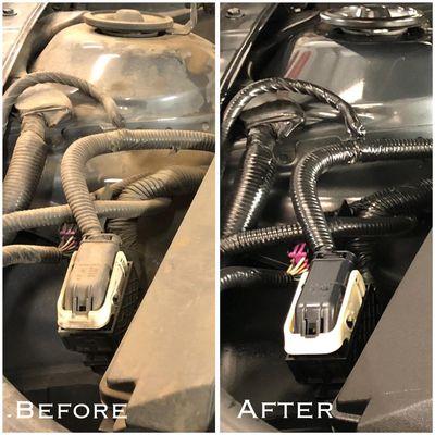 Before and after picture of our engine bay detail service.