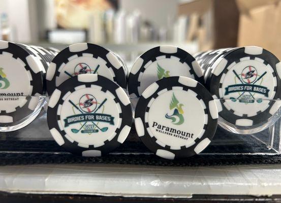 custom double sided poker chips to serve as ball markers on the golf course for a golf outing