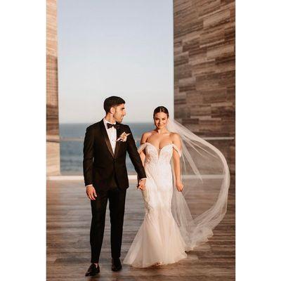 Cabo wedding. 
 Tuxedo: Situation Control  
 Dress: Badgley Mischka  
 Photo: @photobyjulieta