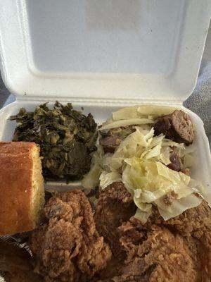 Fried Chicken, Cabbage, Greens, Rice and Cornbread.