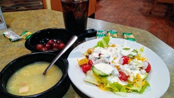 I had my first course off the salad bar nicely made salad some chicken and rice soup nice chunky chicken and some grapes and a diet Pepsi