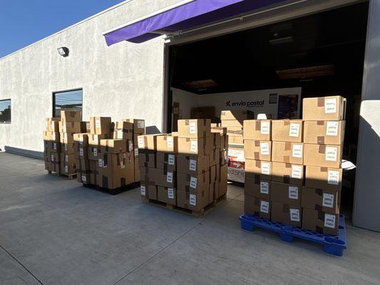 fedex drop off packages 
Palletized and ready to get loaded on the truck.