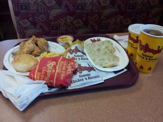 Biscuits and gravy, 2 piece chicken with Mac & cheese, cajun filet biscuit, and seasoned fries!