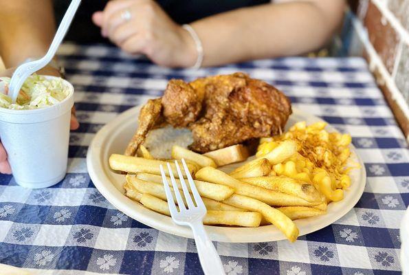 Two piece white with fries, Mac and cheese, and coleslaw