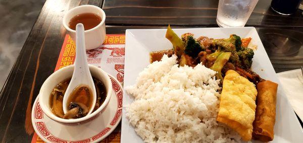 Broccoli Beef lunch special with soup, steam rice, and egg roll.