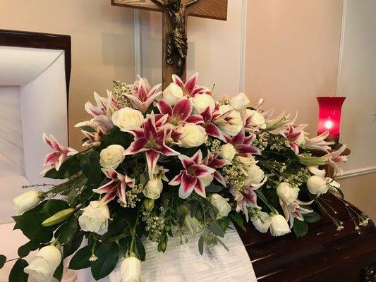 White rose and stargazer lily casket spray