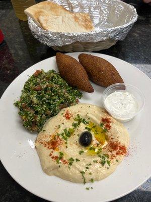 Kibbeh with Hummus and Tabouleh Lunch Plate