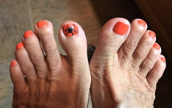 Completed pedi with spider on my toe