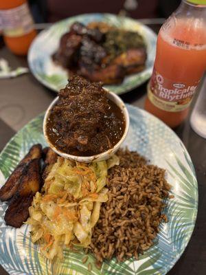 Oxtail plate with cabbage, rice, and plantains.