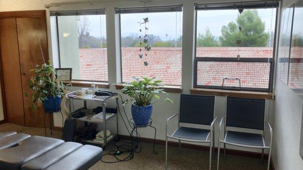 My treatment room has lots of light and a view of trees and sky.