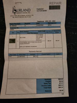 Bill for repair