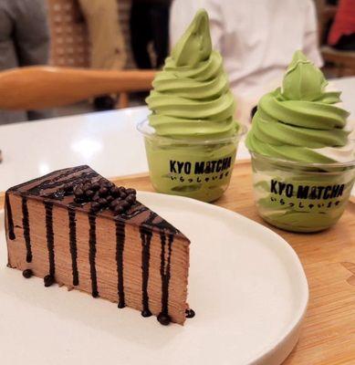 Chocolate crepe cake, matcha soft serve, matcha and vanilla soft serve