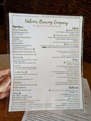 Menu at Valcour Brewing Company, Plattsburgh