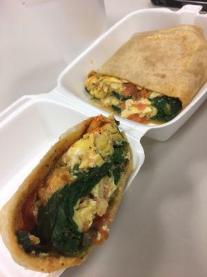 3 eggs, tomato, spinach, hot sauce on whole wheat wrap.