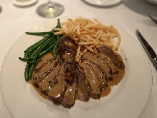 Roast Duck With Peppercorn Sauce, Fries and Green Beans