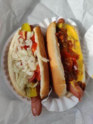 Chicago dog (left), house special (right)