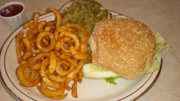 Green chile swiss burger and curly fries