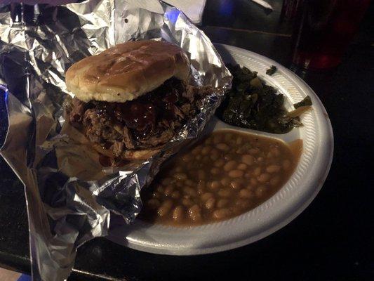 Pulled Brisket Sandwich, collard greens (spicy and vinegary), and amazing baked beans.