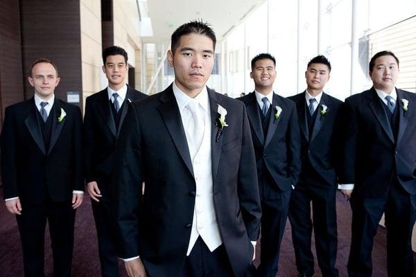 Groomsmen tuxes, tie and vest from Black Tie.  Grooms Tie and Vest, and Dress shirt from Black Tie.