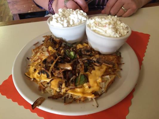 Loaded Hashbrowns with cottage cheese & slaw.