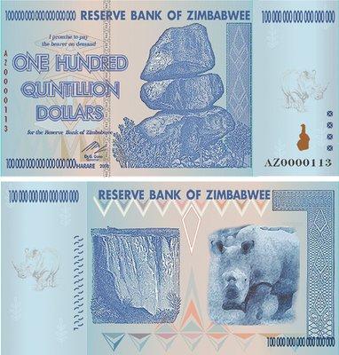 Buy Zimbabwee 100 Quintillion Dollar, Highest Banknote Collectors Series.