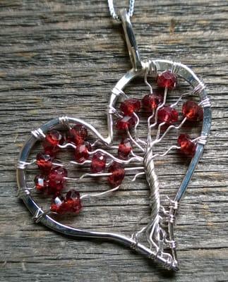 Sterling silver Heart tree with Garnet. Made on site.