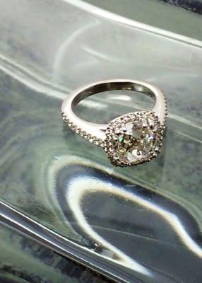 Custom hand made design by Christe James- 3.01 carat cushion cut diamond center with micro pave halo and shank