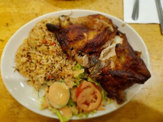 1/2 chicken, fried rice, and salad