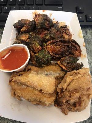 2 piece chicken (breast and thigh) with hot sauce and Korean BBQ brussel sprouts - very very good!