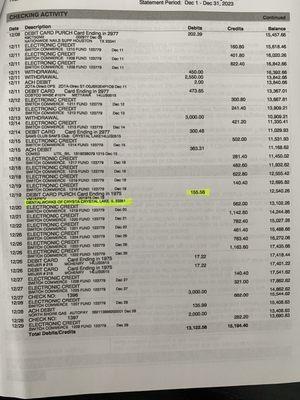 Bank statement with monthly wrong charge from Dental Works Crystal Lake