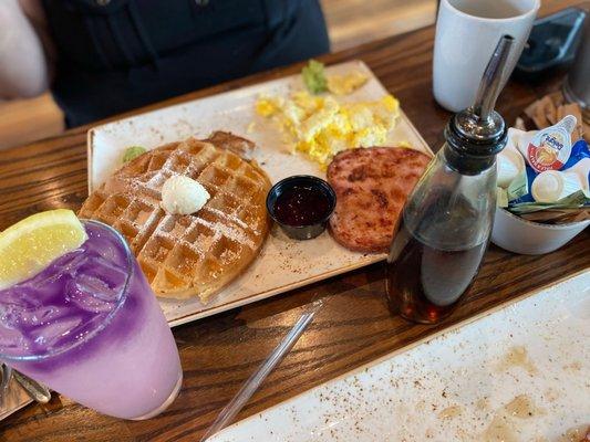 Waffles, scramble eggs , purple haze