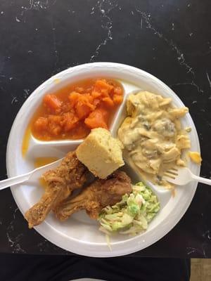 Fried Chicken, yams, noodle casserole and great cornbread