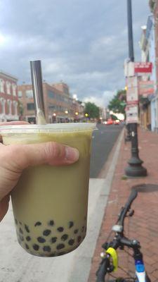 Giant matcha boba tea.