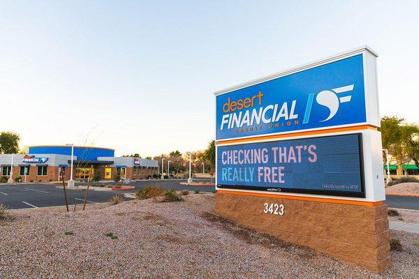 Desert Financial Credit Union's Phoenix - East Bell branch, exterior main street entrance sign