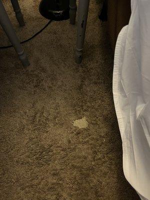 Filthy carpet with a hole worn in it.