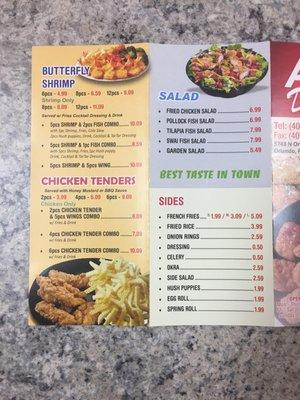 Our menu includes: butterfly shrimp, chicken tenders, salads, and sides