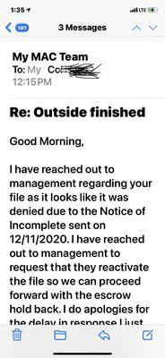 An email I finally received today a month later to tell me that I was denied.... wow!    Thanks for letting me know a month ago...