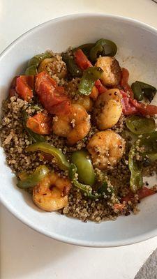 Shrimp fajitas, next day left overs.  I added Quinoa.