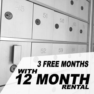 Private mailbox rental. 3 free months with new 12 month rental.