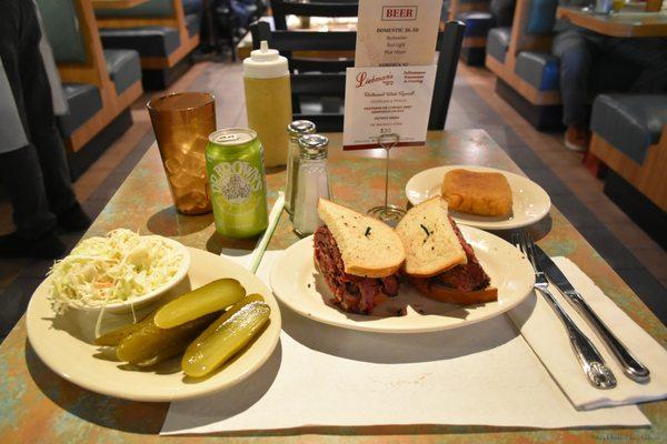 Cole slaw, full sour pickles, Dr. Brown's Cel-Ray, Pastrami on rye and a square knish