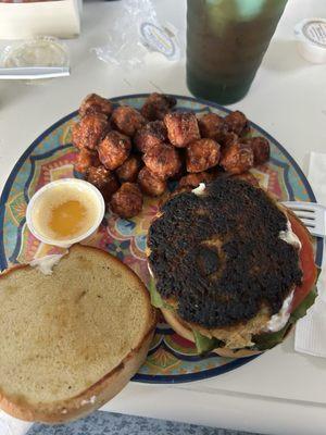 Crab Sandwich with a side of sweet potato tots