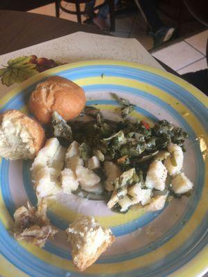 Callaloo and saltfish with boiled banana and dumplings..well whats left of it.